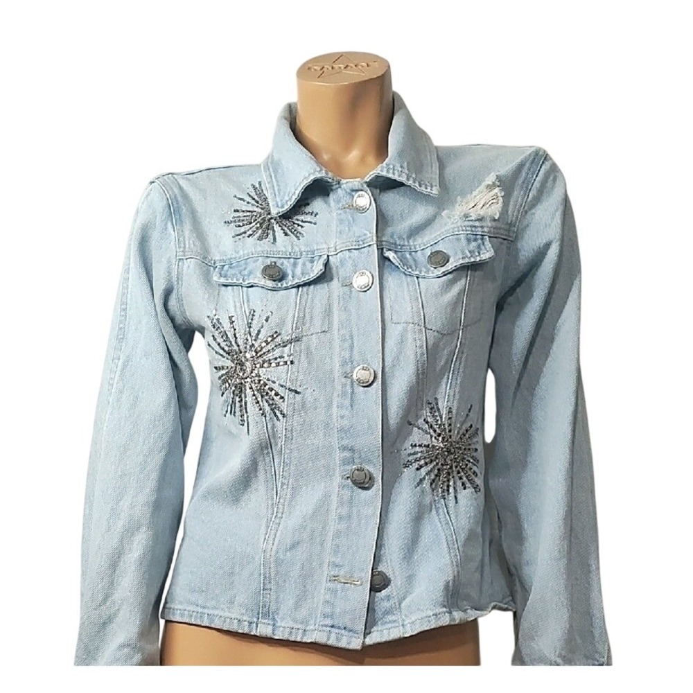 Tennis Blue Jean Jacket with Embroidery and Fitted Silhouette Size M